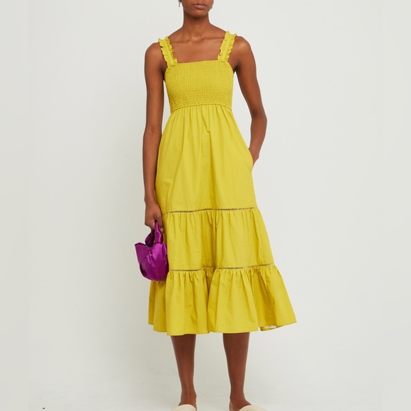 O.P.T  COLETTE Yellow Ruched Top COTTON MIDI DRESS,SPRING GARDEN PARTY SIZE M. - Picture 1 of 11